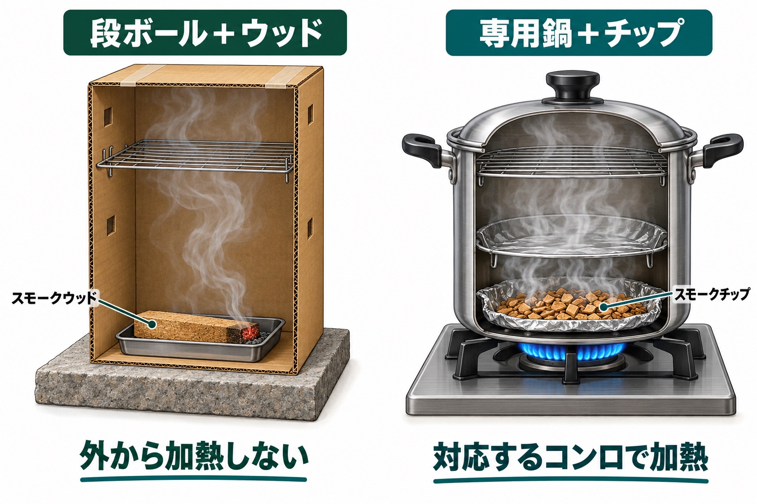 段ボールはウッドのくすぶり、専用鍋は外部加熱で発煙させる断面イラスト