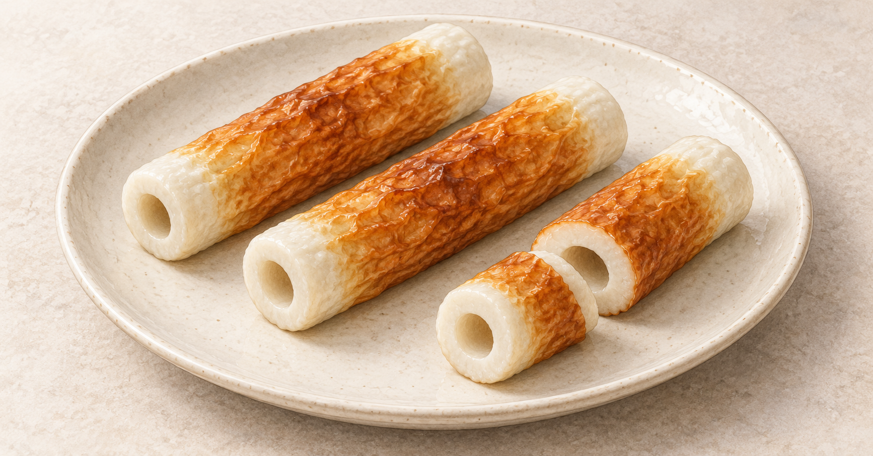 焼き色のあるちくわと、白い身と空洞が見える切り口を皿に並べたイラスト