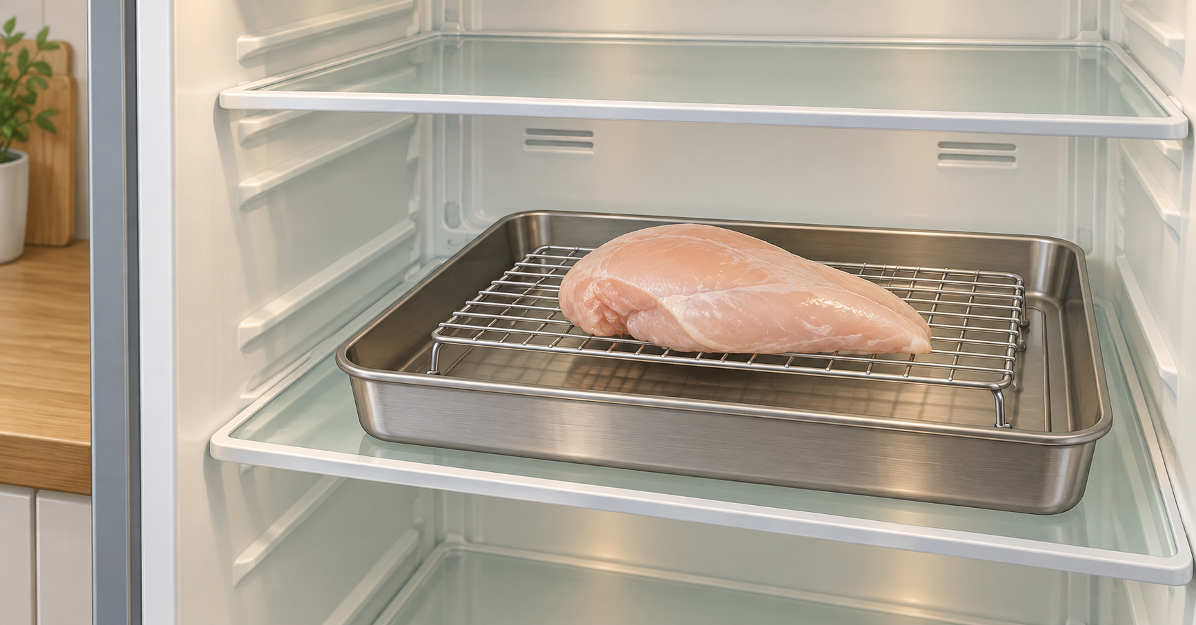 冷蔵庫内の深い受け皿に収めた脚付きの網へ、単独の鶏むね肉を載せた乾燥配置の説明用イラスト